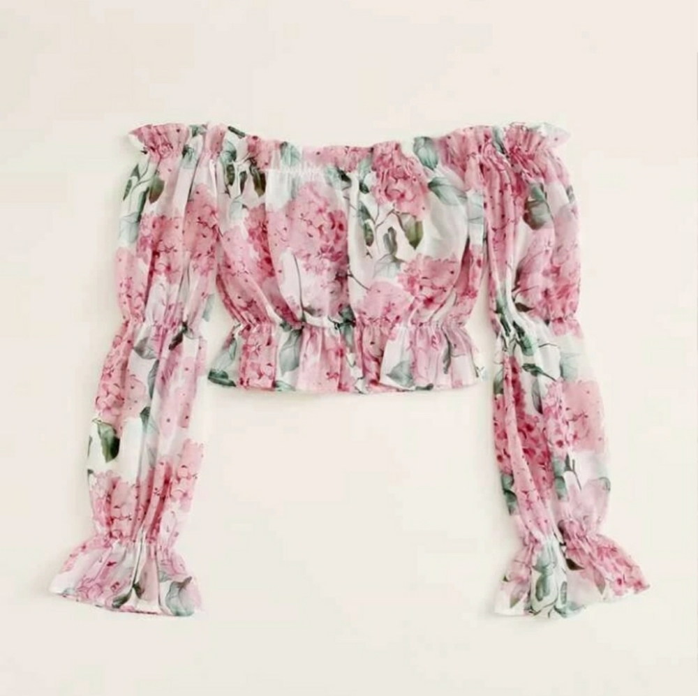 Floral Print Ruffle Trim Bardot Blouse